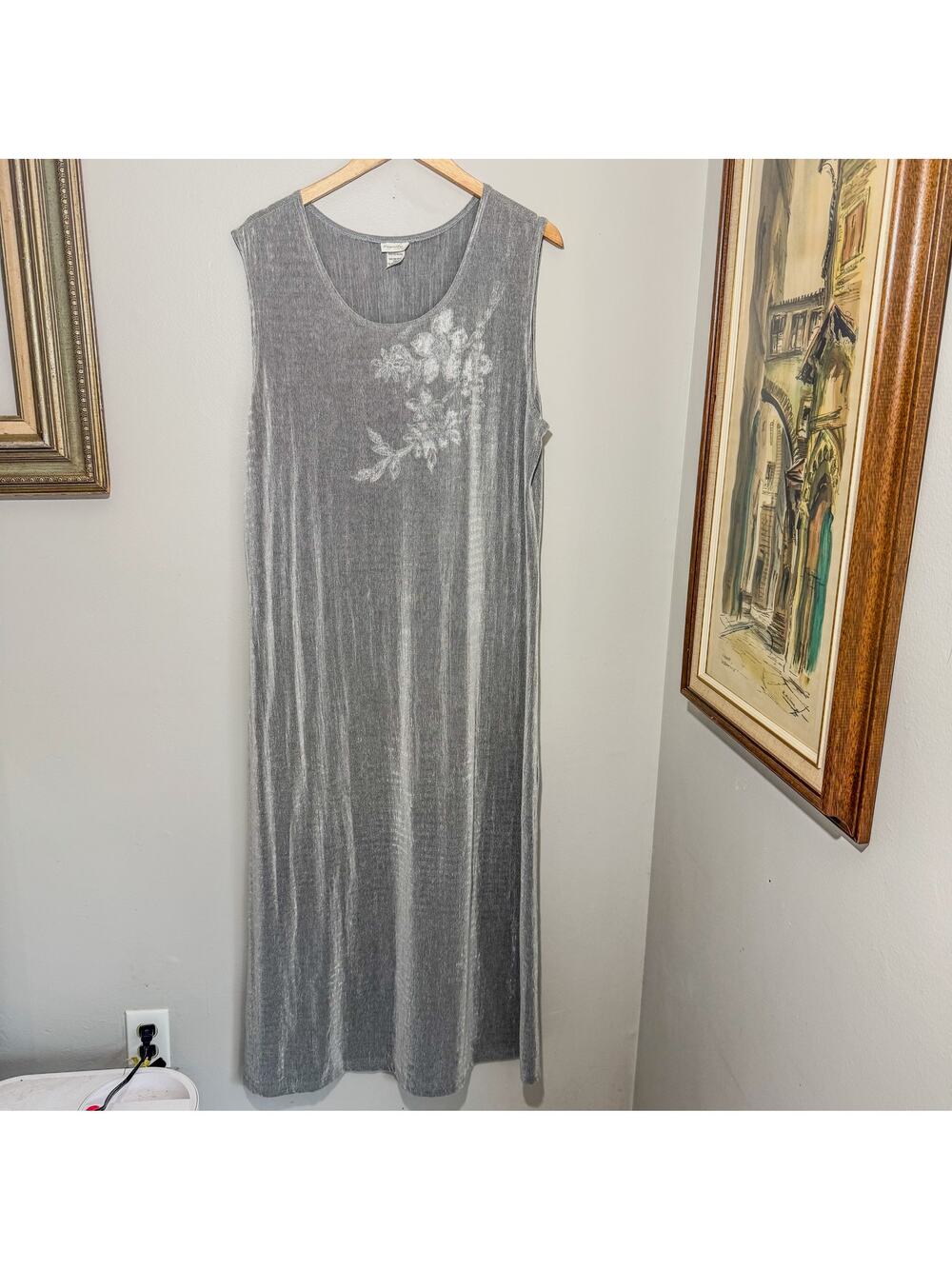 Vtg 90s Hypnotic Grey Ribbed Maxi Dress Floral Stamp Whimsigoth Plus Size XL 1X